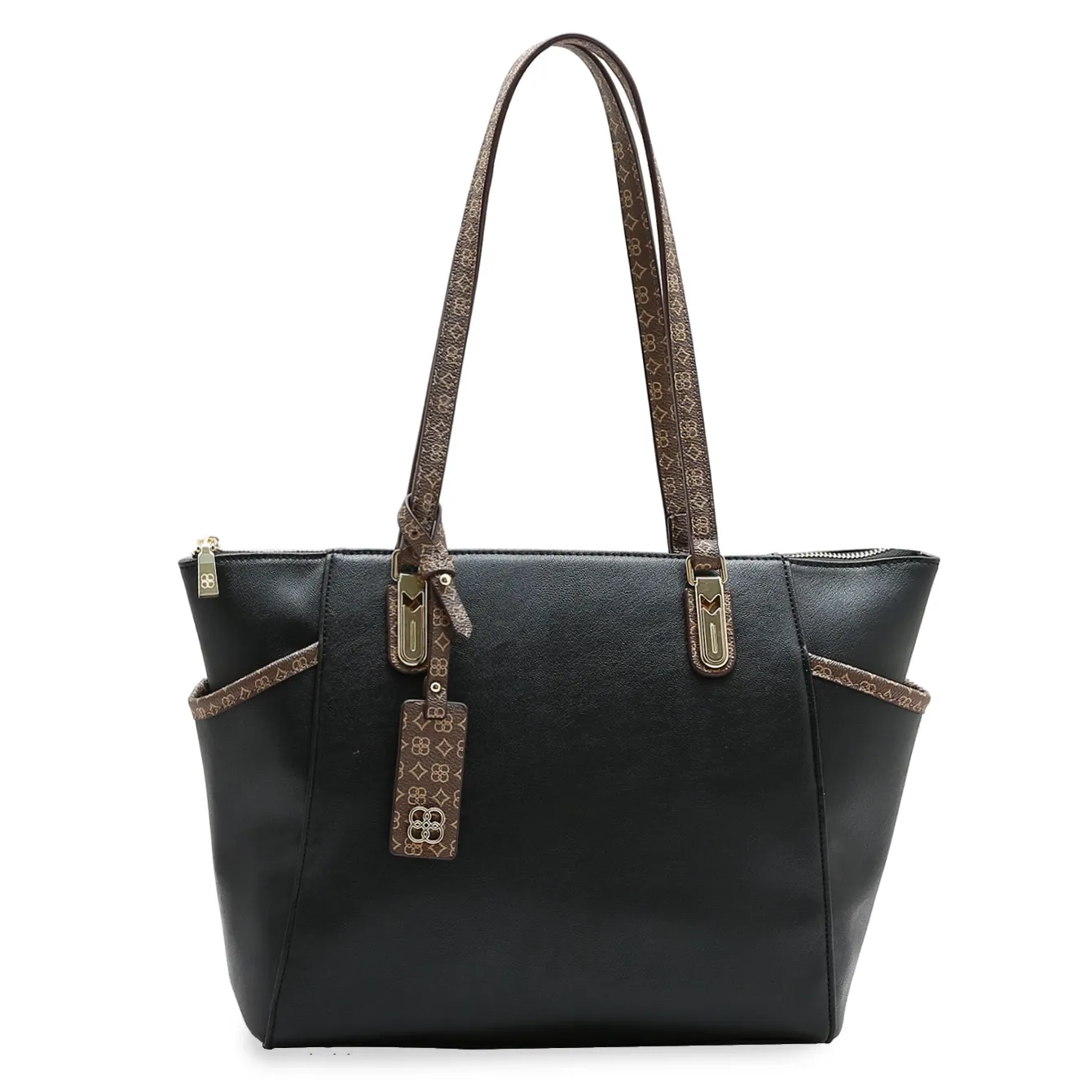 Bolsa Chenson feminina preta em material sintético com alças estampadas e detalhes dourados, vista frontal